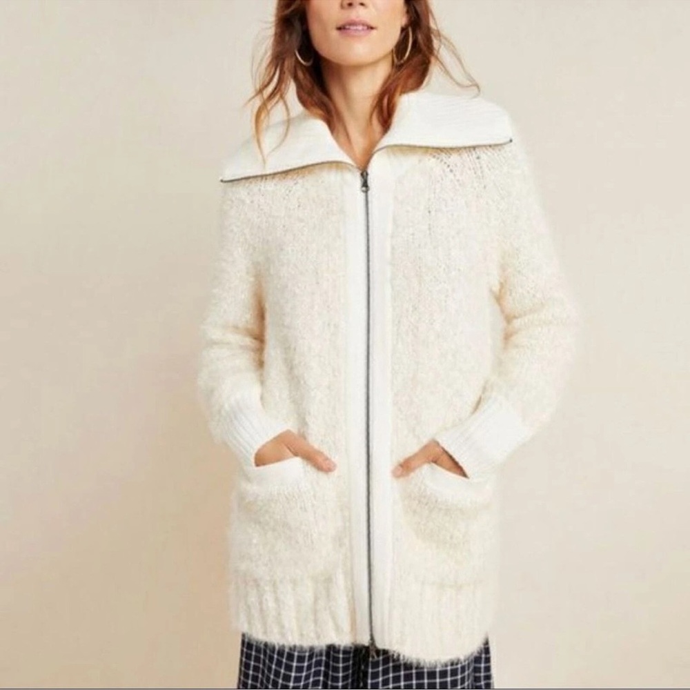 Anthropologie Furry knit zip Knit Cardigan in cream Size M